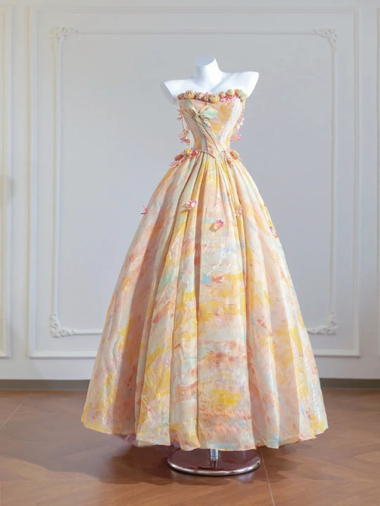 Colorful Prom Dress A Line Sweetheart Pleated Print Evening Dress Quinceanera Dress Ball Gown D3362