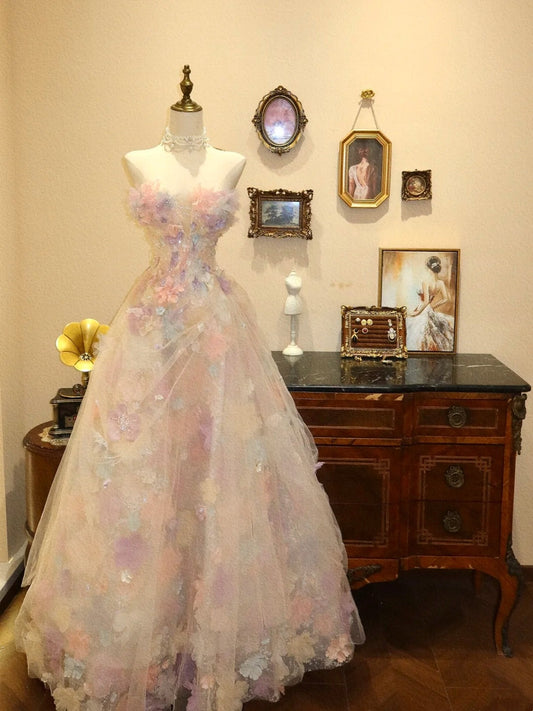 Charming Prom Dress Strapless Tulle Flower Evening Dress Birthday Party Dress D3408