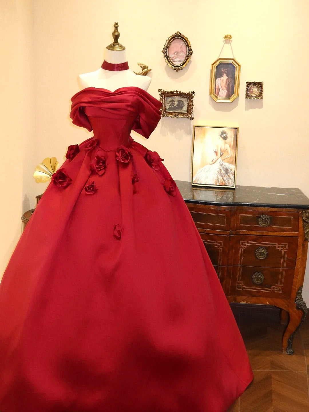 Beauty Prom Dress Wine Red Off Shoulder Flower Ball Gown Evening Dress Gala Dress D3413