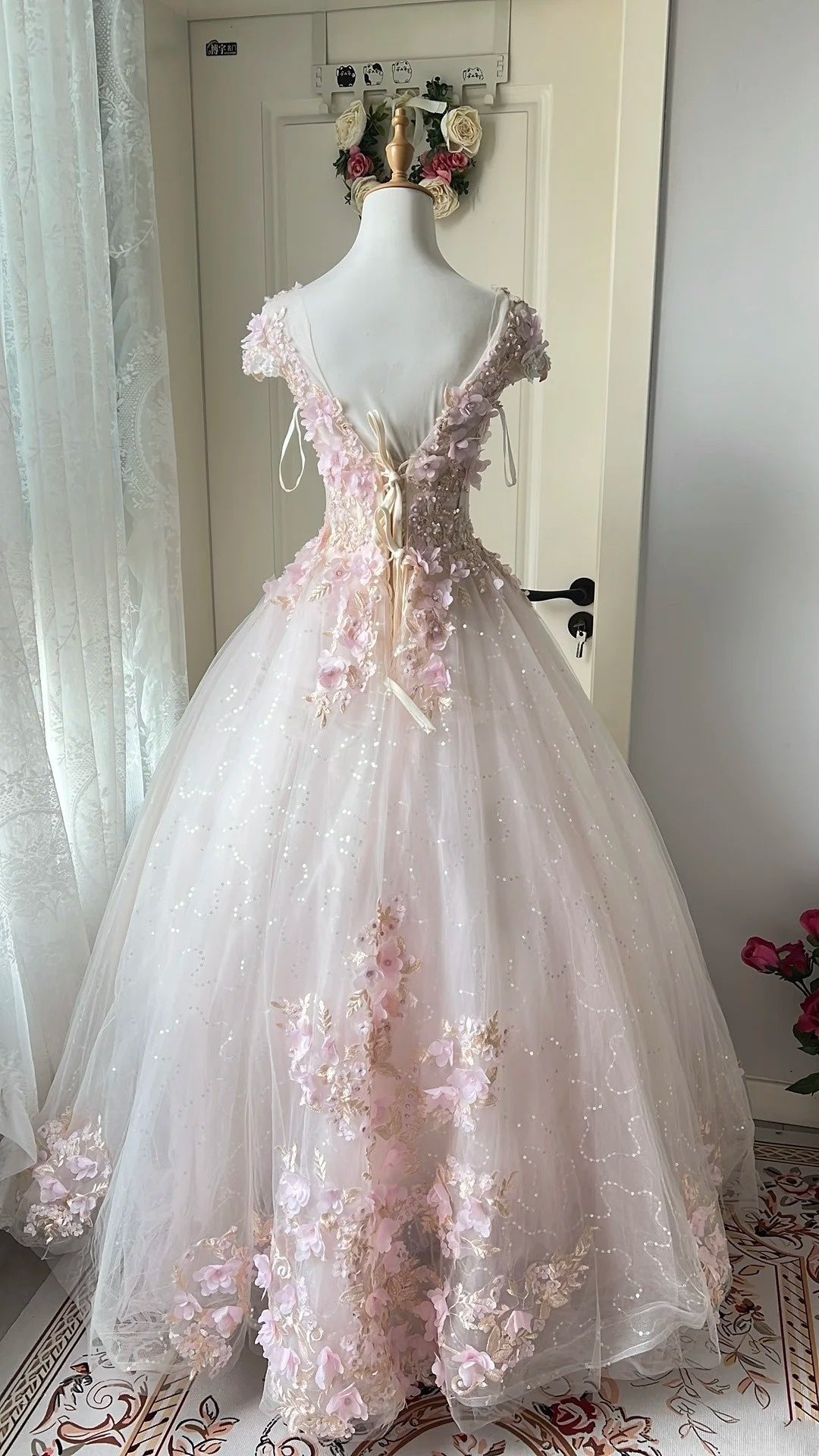 Cute Prom Dress Crew Neck Backless Pleated Floral Evening Dress Quinceanera Dress Ball Gown D4009