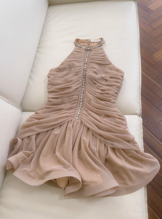 Elegant Homecoming Dress Crew Neck Pleated Short Prom Dress Cocktail Dress Birthday Party Dress D4036