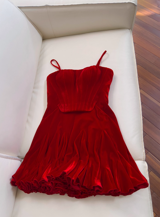 Beauty Homecoming Dress Red Spaghetti Straps Pleated Short Prom Dress Cocktail Dress Birthday Party Dress D4037