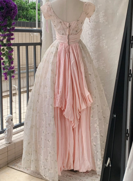 Charming Prom Dress Crew Neck Pleated Print Ball Gown Evening Dress Quinceanera Dress Birthday Party Dress D4244
