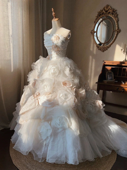 Beauty Wedding Dress Strapless Flower Pleated Tulle Wedding Dress D4351
