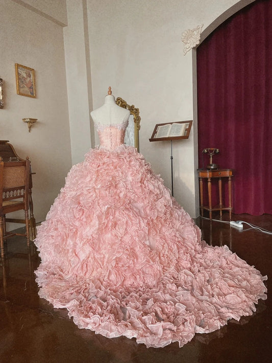 Charming Prom Dress Light Pink Strapless Pleated Tiered Quinceanera Dress Ball Gown Evening Dress D4357