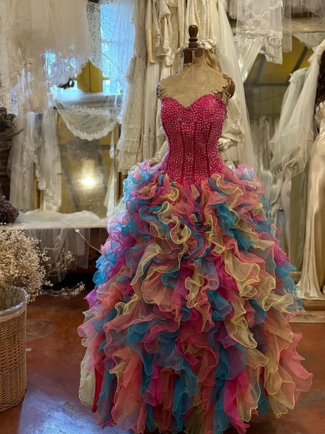 Colorful Prom Dress Sweetheart Ruffle Evening Dress Quinceanera Dress Ball Gown D4413
