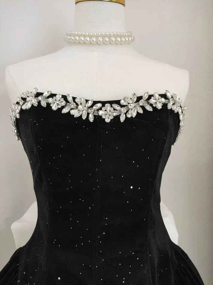 Black Strapless Short Prom Dress Beaded Evening Party Dress MD7590