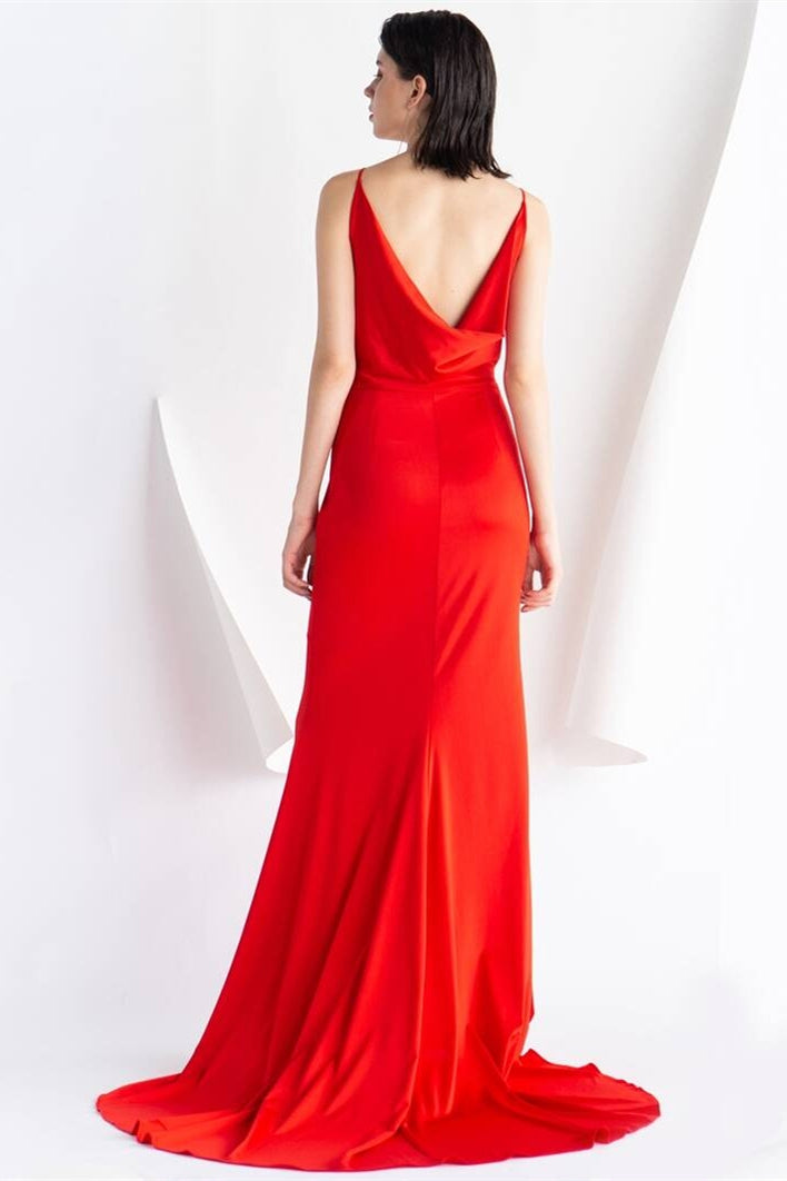 V-Neck Pleated Empire Satin Empire Mermaid Party Prom Dress