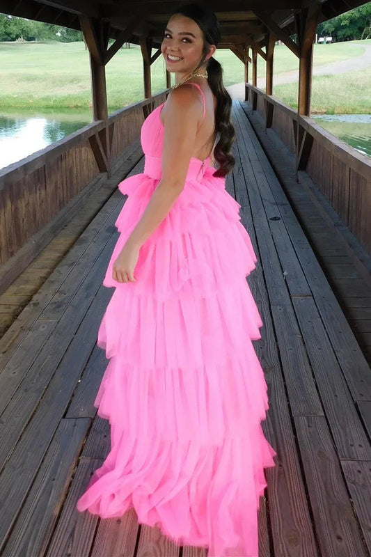 Modest Pink Chiffon A-Line Bateau Sleeveless Tiered Party Prom Dress
