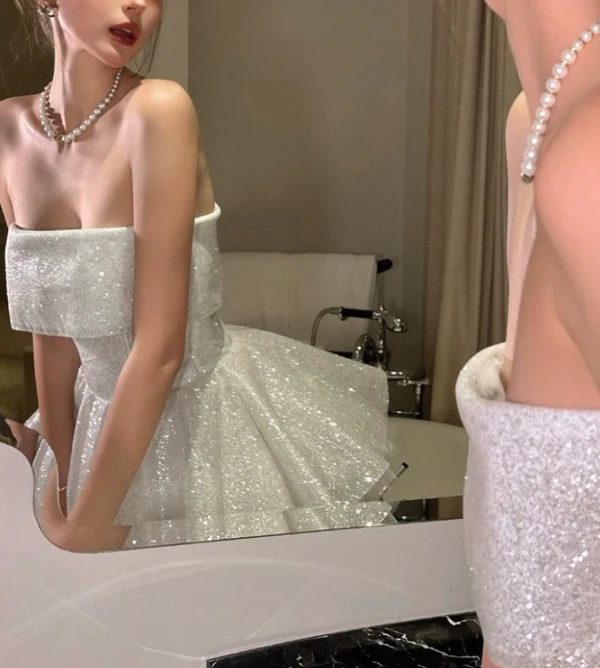 Glitter Strapless White Sequin Tulle Homecoming Dress A Line Short Cocktail Dress S411