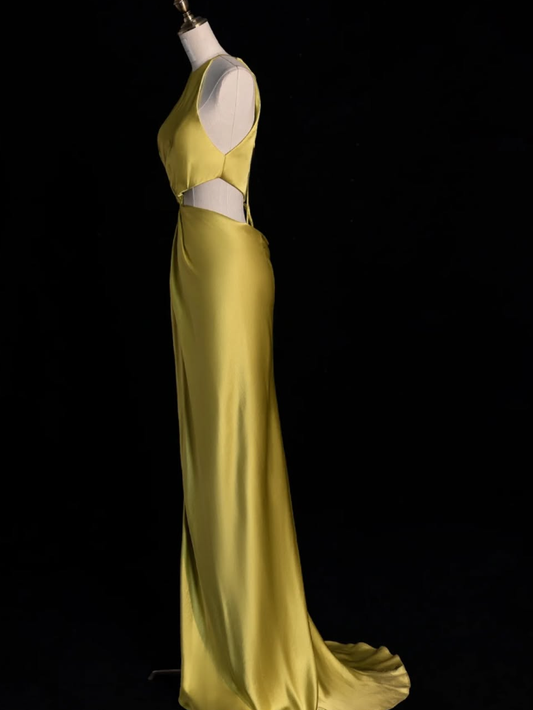 Yellow Sheath Halter Satin Open Back Prom Dress Graduation Prom Dress with Slit SH2493