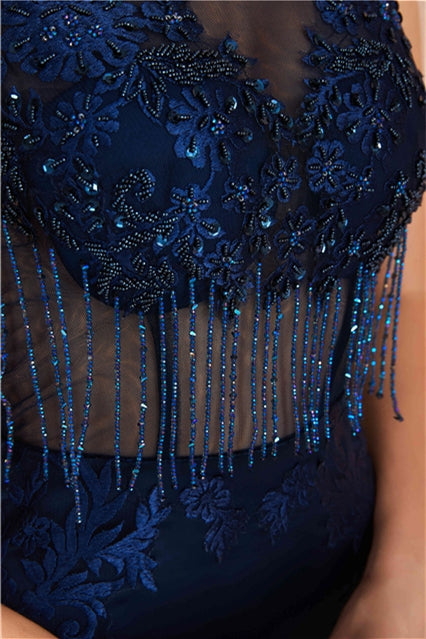 Navy Blue Scoop Sleeveless Mermaid Appliques Party Prom Dress