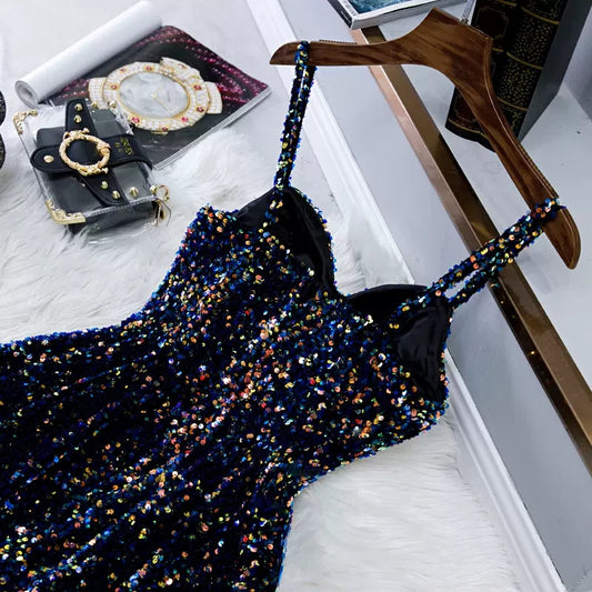 Navy Blue Sequin Hoco Dress Short Homecoming Dresses SH138