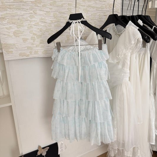Sexy A line Halter Blue Tulle Min Summer Dress Holiday Party Homecoming Dress Birthday Outfits For Teens DP0151