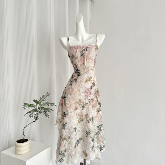 Cute A line Spaghetti Straps Pink Floral Lace Summer Dress Holiday Party Outfits For Women DP0018