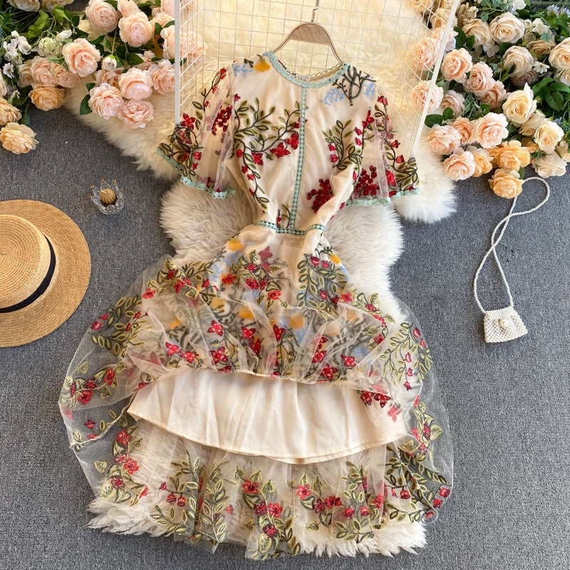 Vintage A line short sleeves floral dress women's dress P101