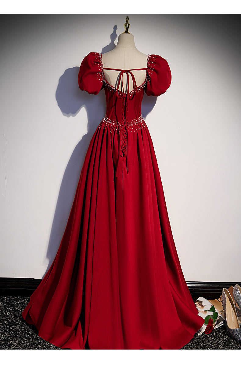 Princess Satin Short Sleeves Long Red Prom Dresses SH040