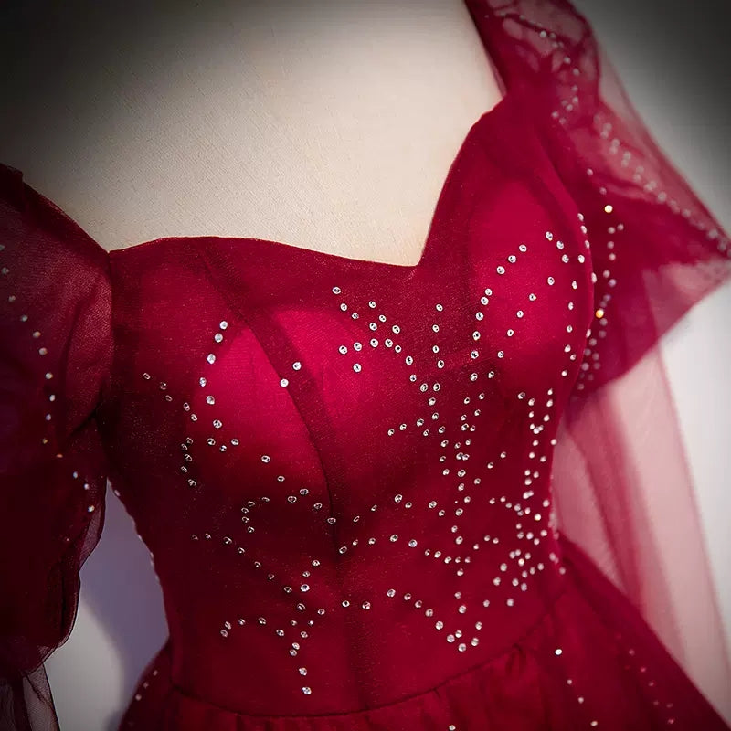 Simple A line Long Tulle Red Prom Dresses SH235
