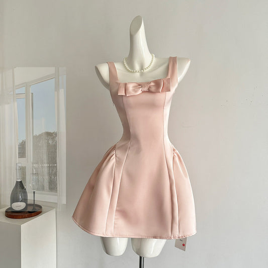 Cute A Line Square Satin Pink Casual Dress Summer Outfits Short Holiday Dresses DP1407