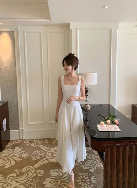 White Elegant Irregular Hem Long Prom Dress SH761