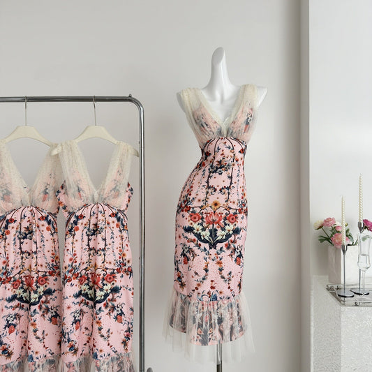 Cute Mermaid V Neckline Floral Pink Lace Long Summer Dress For Women DP0025