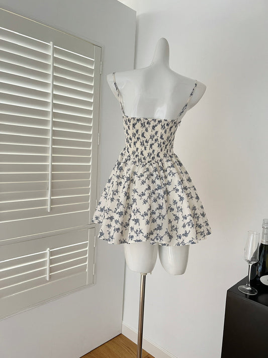 Cute A line Spaghetti Straps Blue Floral Chiffon Short Summer Dress Holiday Party Birthday Outfits DP0146