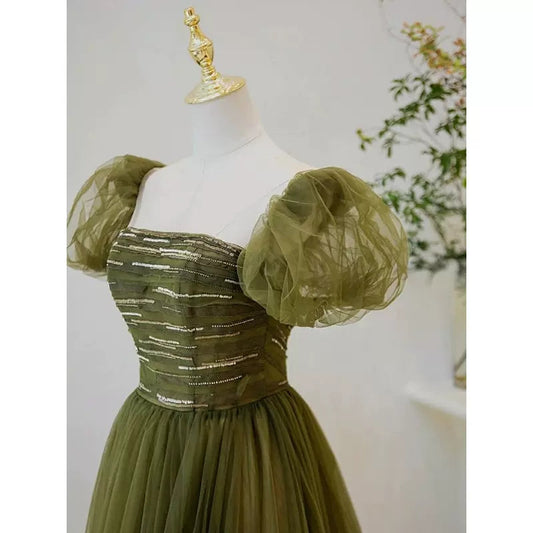 Simple A line Green Long Prom Dresses SH225