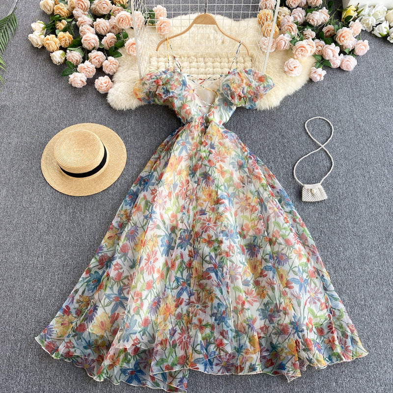Cute Spaghetti Straps Backless Short Floral Dress Women Dress P138
