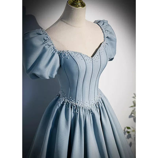 Simple A line Light Sky Blue Satin Long Prom Dresses SH047