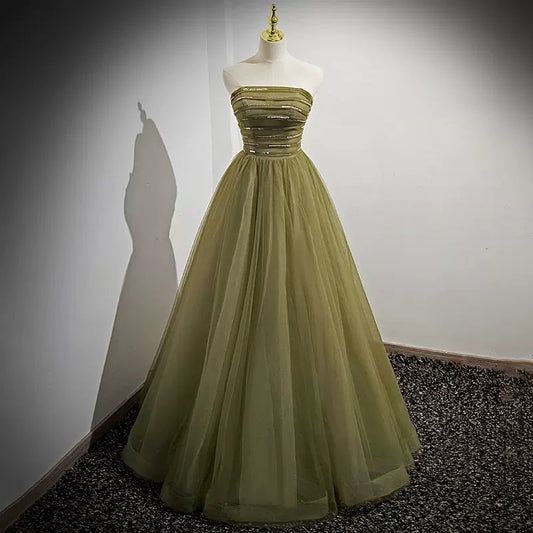 Simple A line Tulle Green Long Prom Dresses SH218