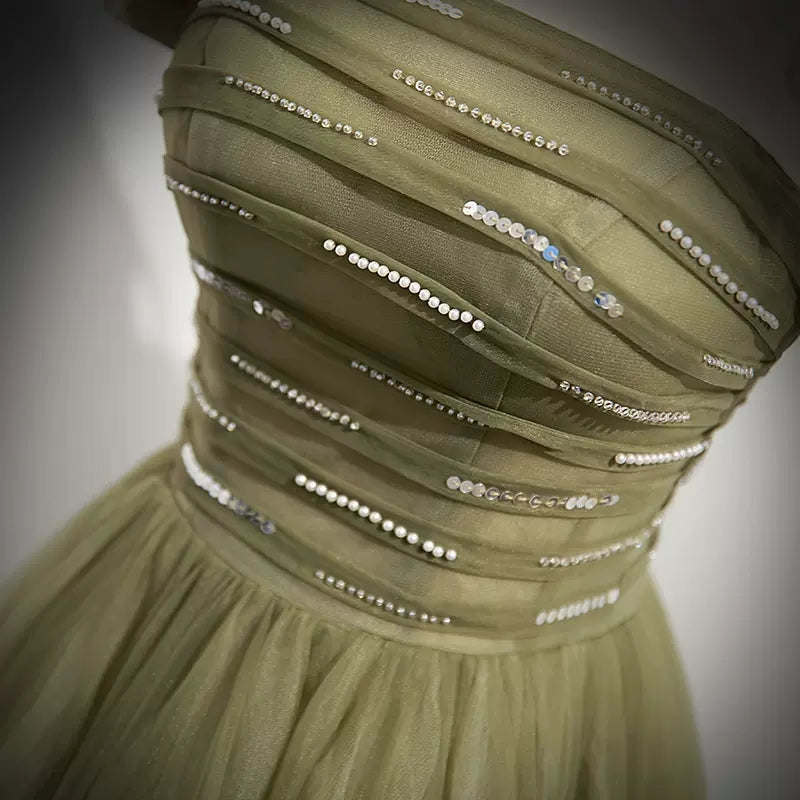 Simple A line Tulle Green Long Prom Dresses SH218