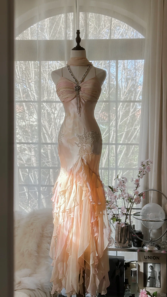 Fairy Mermaid Spaghetti Strap Beaded Ruffle Chiffon Long Prom Dress Evening Dress SH2981