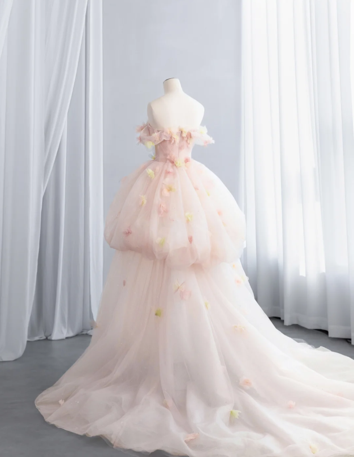 Sweet Off The Shoulder Ball Gown Light Pink Tulle Beaded Appliques Birthday Quinceanera Dress SP1518