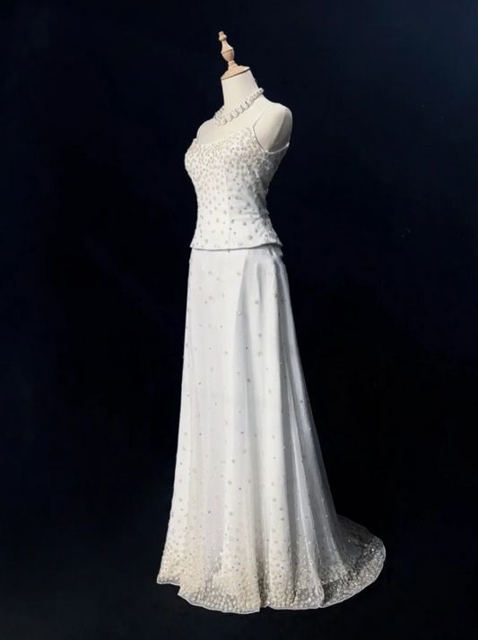 Elegant Spaghetti Straps White Tulle Beaded Mermaid Evening Dress Long 17th Birthday Outfits SP1783