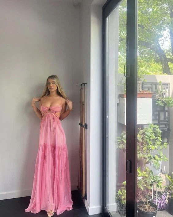 Pink Backless Chiffon A Line Evening Party Dress Long Prom Dress SH1487