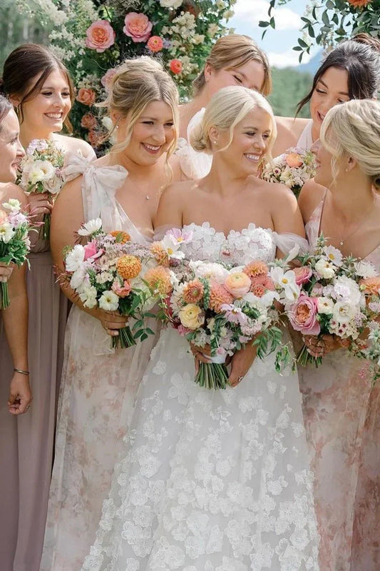 Off-Shoulder A-Line Lace Florals Wedding Dress With Train