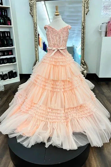 Off-Shoulder A-Line Tiered Lace Appliques Girl Pageant Dress