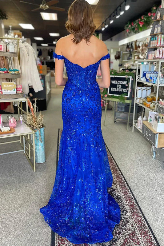 Off-Shoulder Sparkly Lace Party Prom Dress With Leg Slit