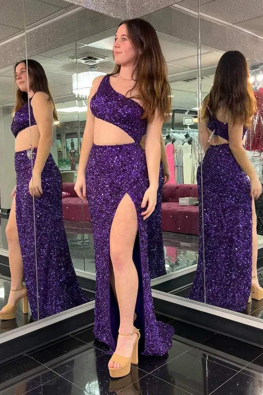 One Shoulder Illusion Empire Long Sequins Party Prom Dress