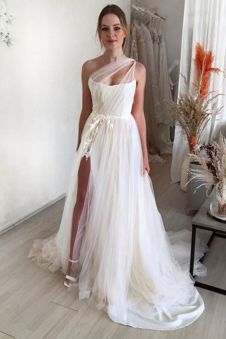 One Shoulder Tulle A-Line Beach Wedding Dress