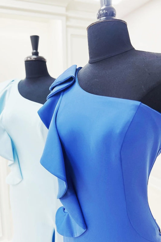 One Shoulder Light Blue Satin Ruffle Mermaid Prom Dress with Slit