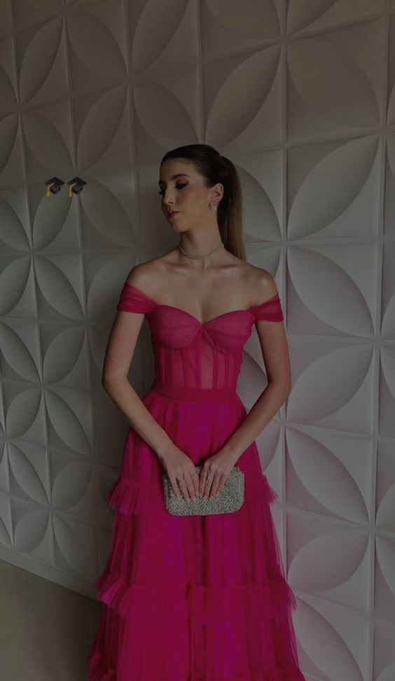 Sexy A line Long Hot Pink Tulle Prom Dress Party Dress 22th Birthday Outfits P2115