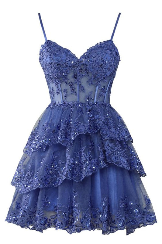 Sexy A Line Lace Short Navy Blue Homecoming Dress P2277