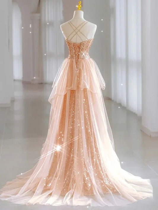 Hot Shiny A line Spaghetti Straps Sleeveless Sequin Tulle Long Prom Dresses P2298