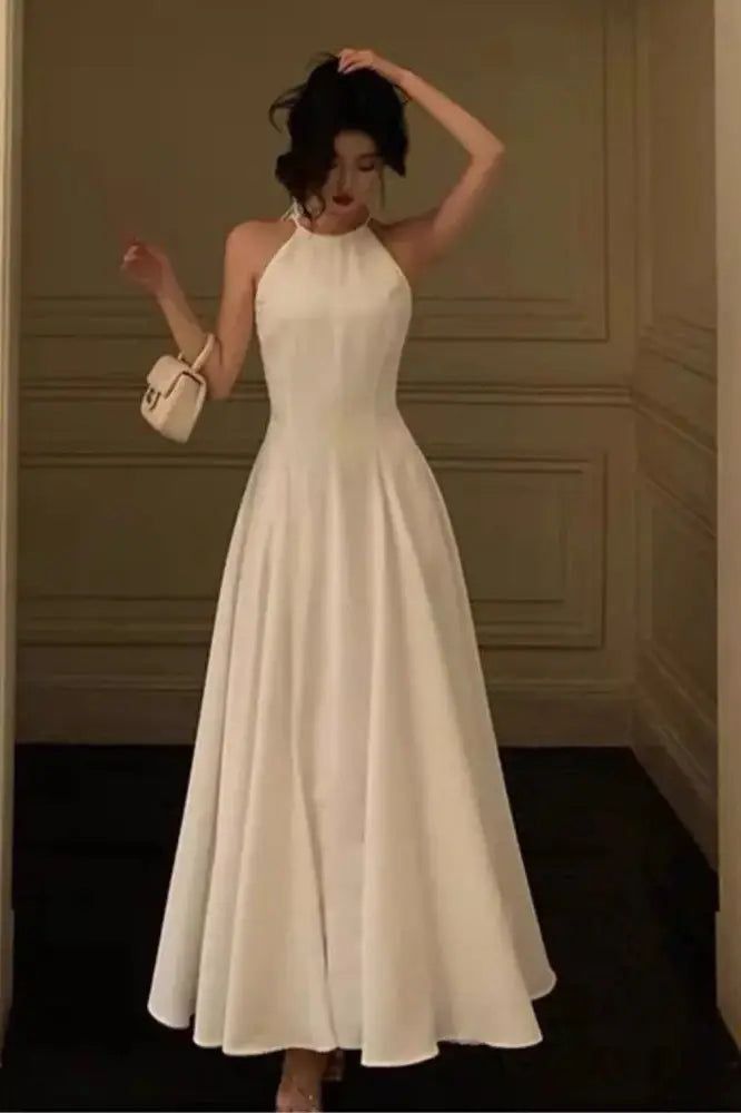 Pretty A Line Halter White Chiffon Prom Dresses Party Night Dress P2449
