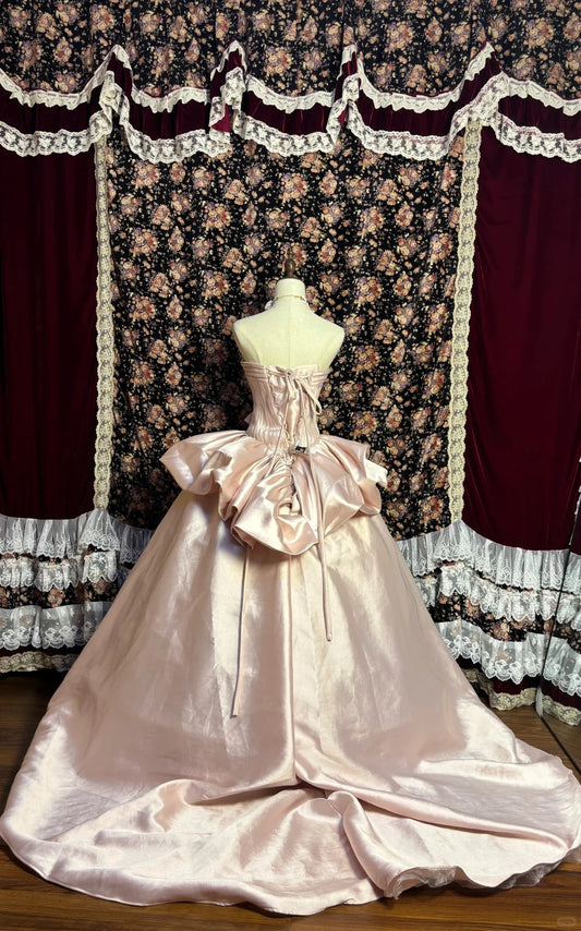 Princess Pink Satin Bow Simple Trailing Wedding Dress P3006