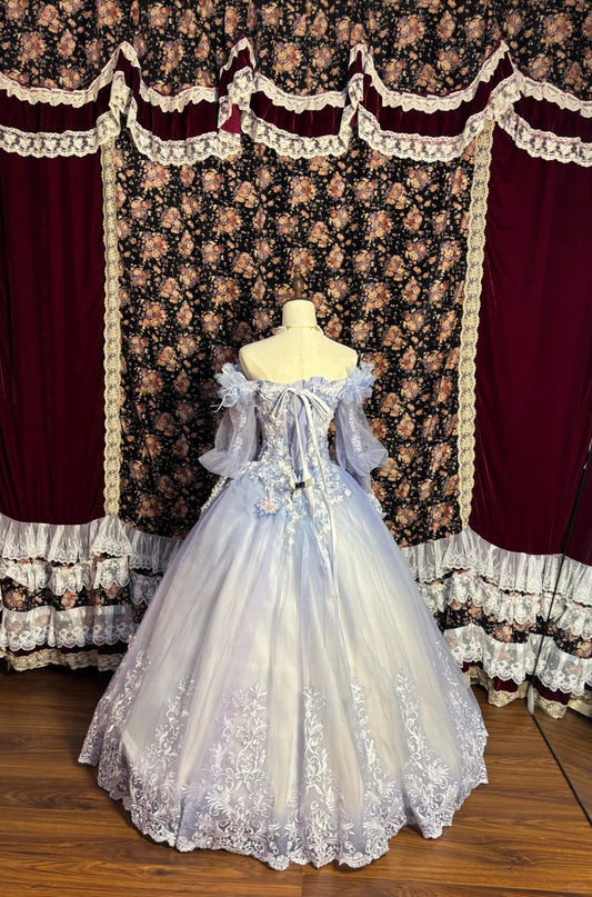 Beautiful one-shoulder princess sleeve gradient purple skirt three-dimensional flower beaded tulle wedding dress P3015