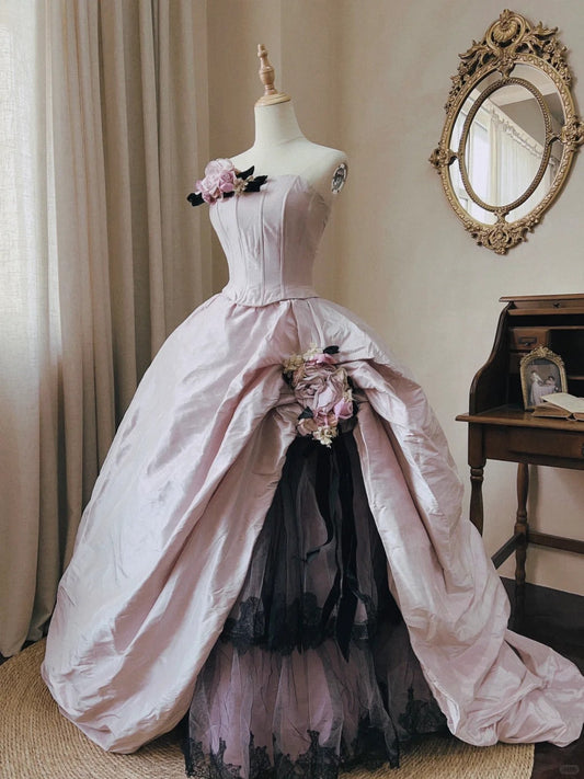 Dreamy and Elegant Lilac Strapless Herringbone 3D Flower Floor-length Wedding Dress P3066