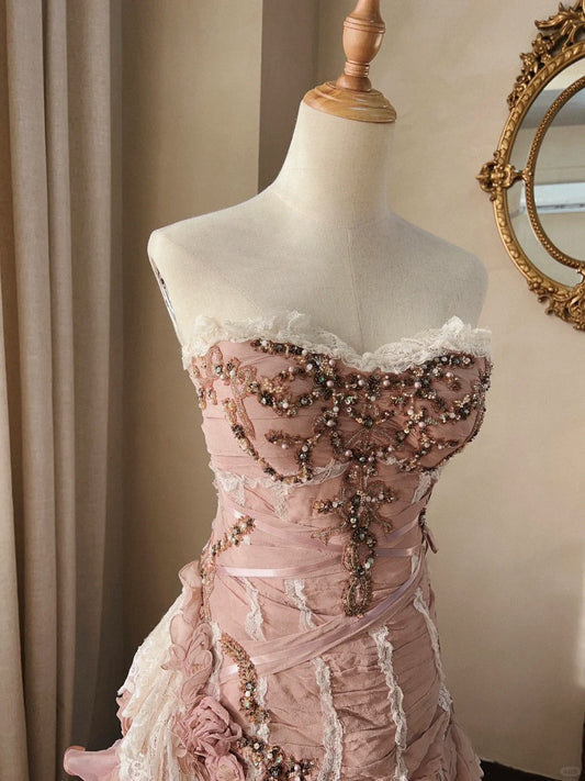 Beautiful Pink Rose Slim Skirt Pleated French Lace Mermaid Wedding Dress P3068