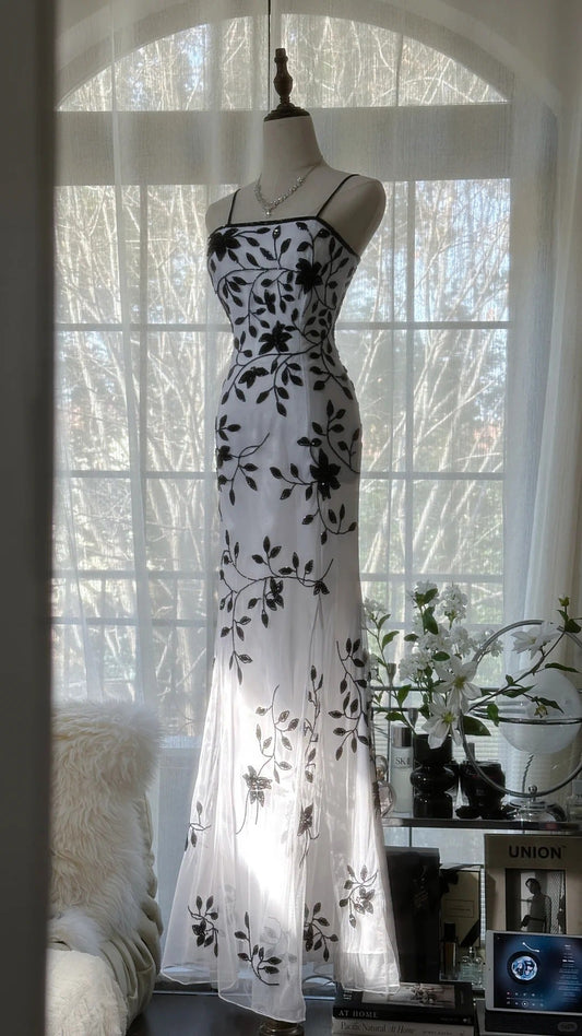 Vintage Bamboo Shadow Beaded Strap Chiffon Evening Gown Prom Dress P3296
